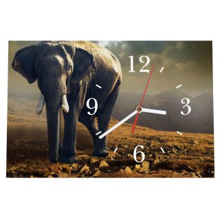 LAUTLOSE Designer Tischuhr Afrika Elefant braun grau Standuhr modern Dekoschild Bild 30 x 20cm