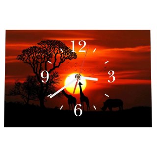 LAUTLOSE Designer Tischuhr Afrika Nashorn Giraffe schwarz orange Standuhr modern Dekoschild Bild 30 x 20cm