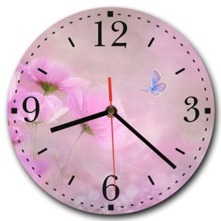 LAUTLOSE runde Wanduhr Blumen Schmetterling rosa lila violett aus Metall Alu-Verbund lautlos Uhrwerk rund modern Dekoschild Bild 30 x 30cm